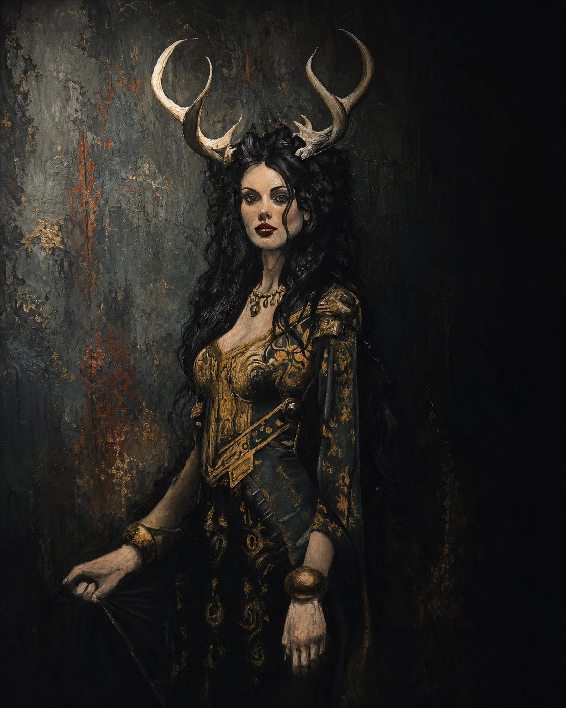Antlered figure in a dark, gold-lit painted landscape